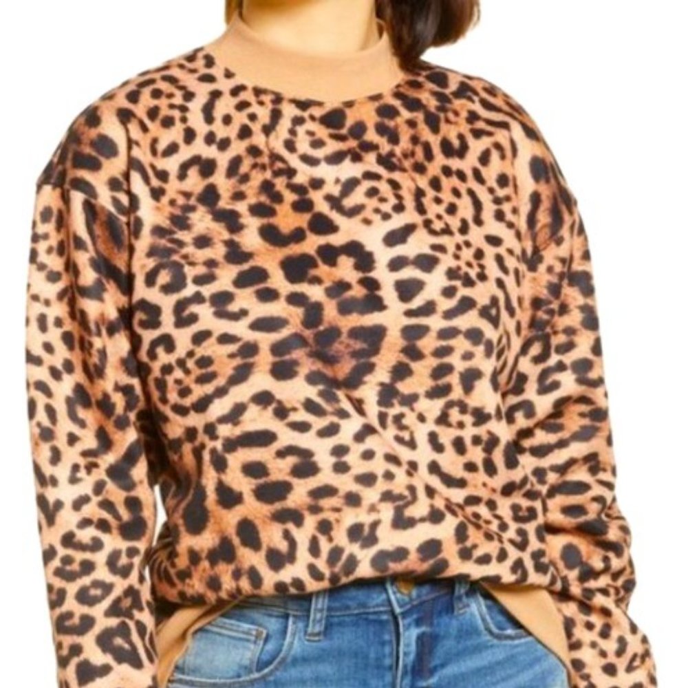 NWT BP Leopard Print Animal Mock Neck Sweatshirt Brown Sweater